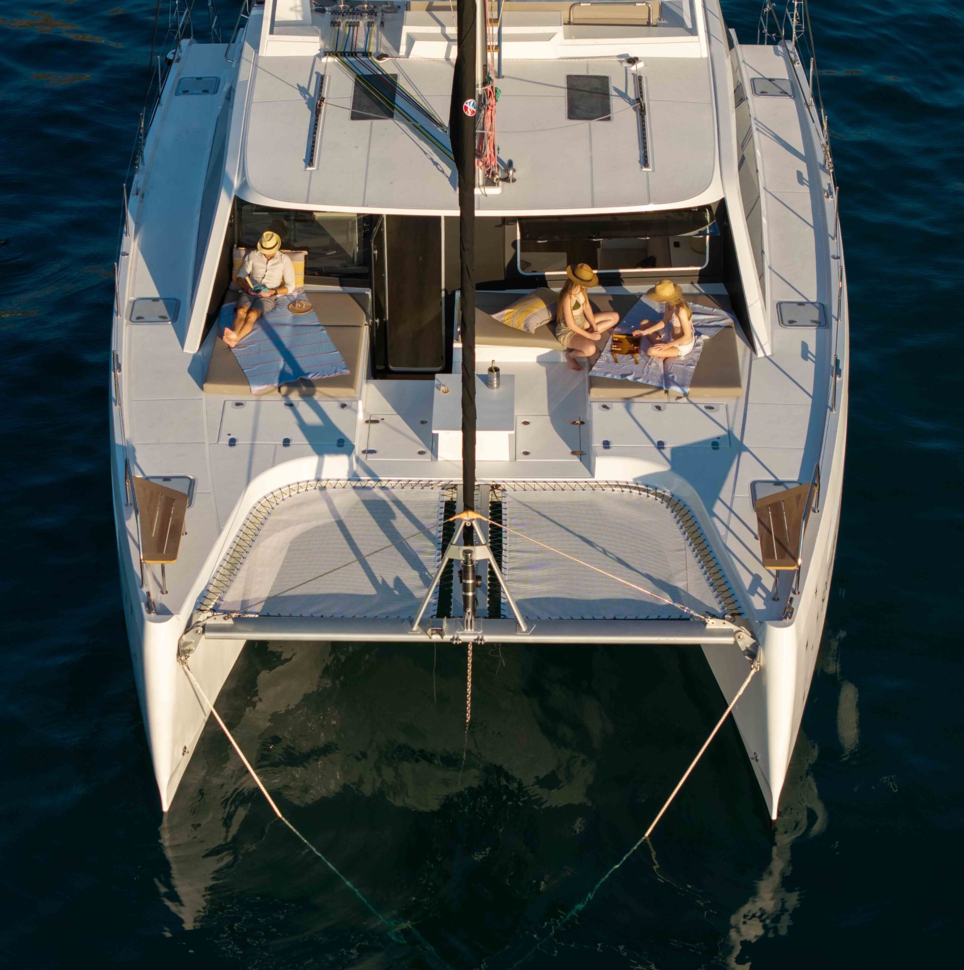 Voyage 510 bow lounge and trampolines from directly overhead