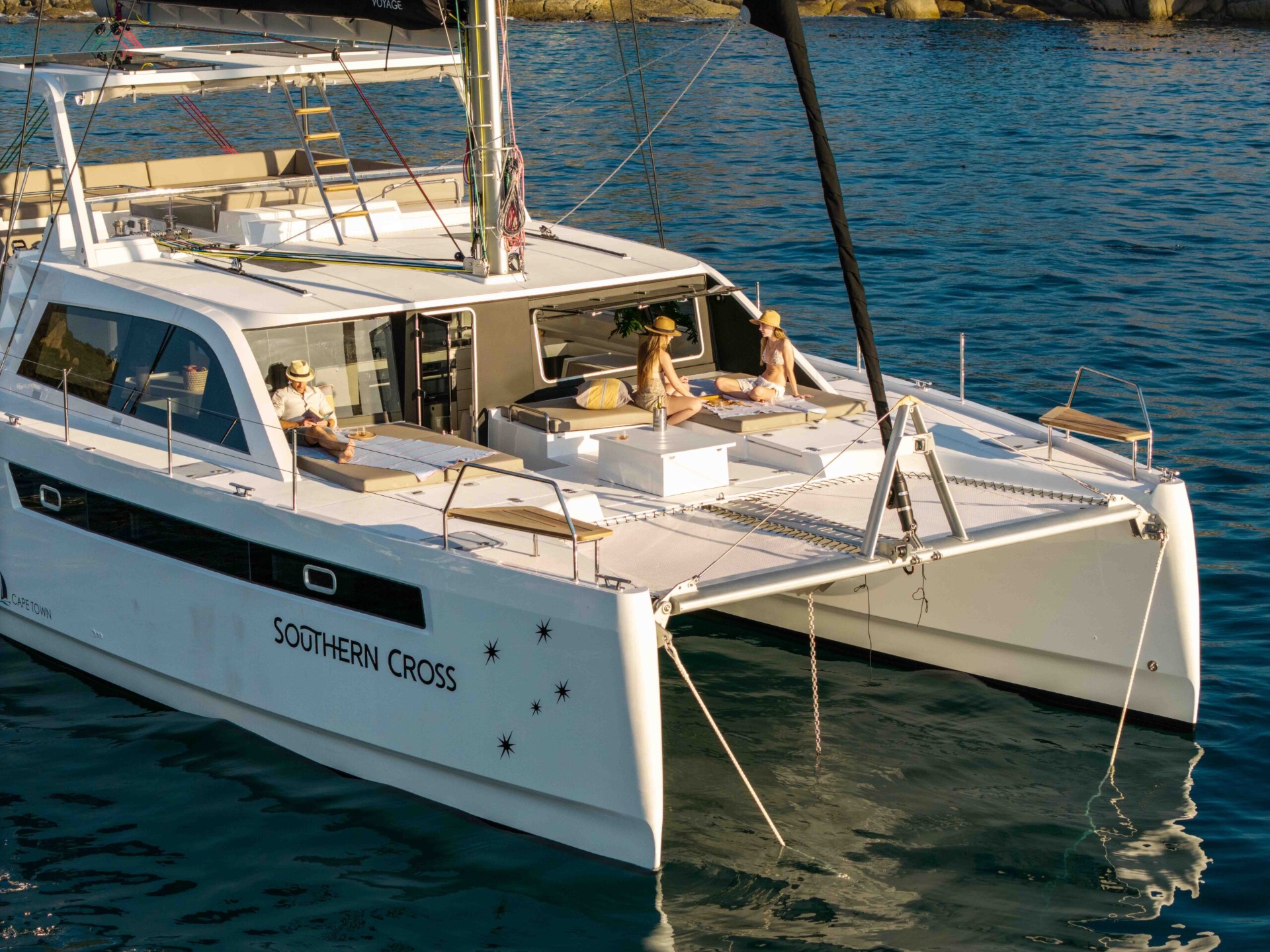 Voyage 510 foredeck lounge from above