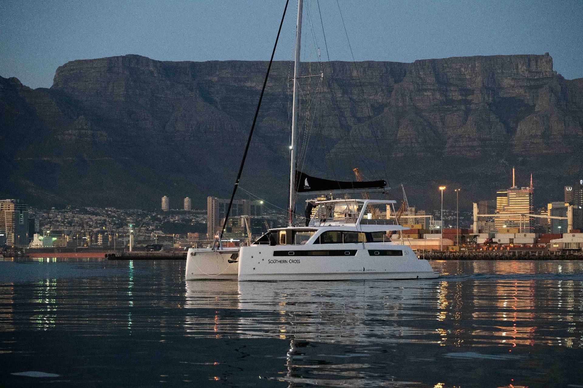 Voyage 510 at anchor in Cape Town harbour at dusk