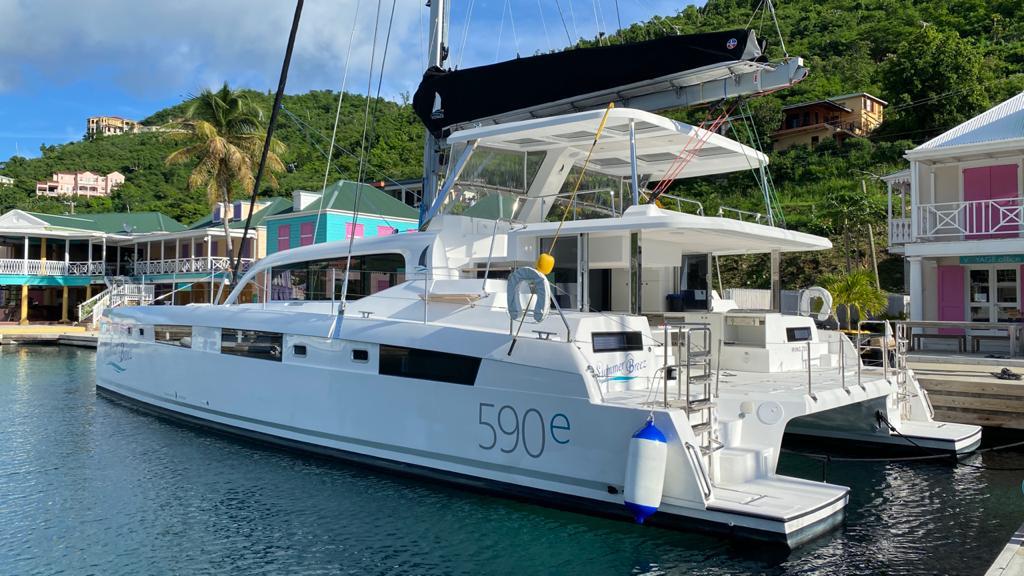Voyage 590 dockside starboard profile