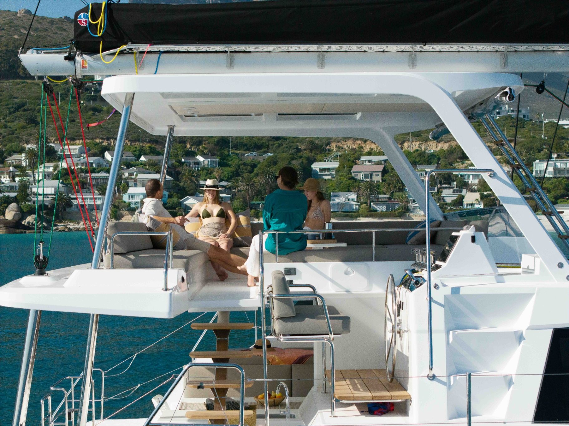 Guests gathered on the Voyage 510 flybridge lounge