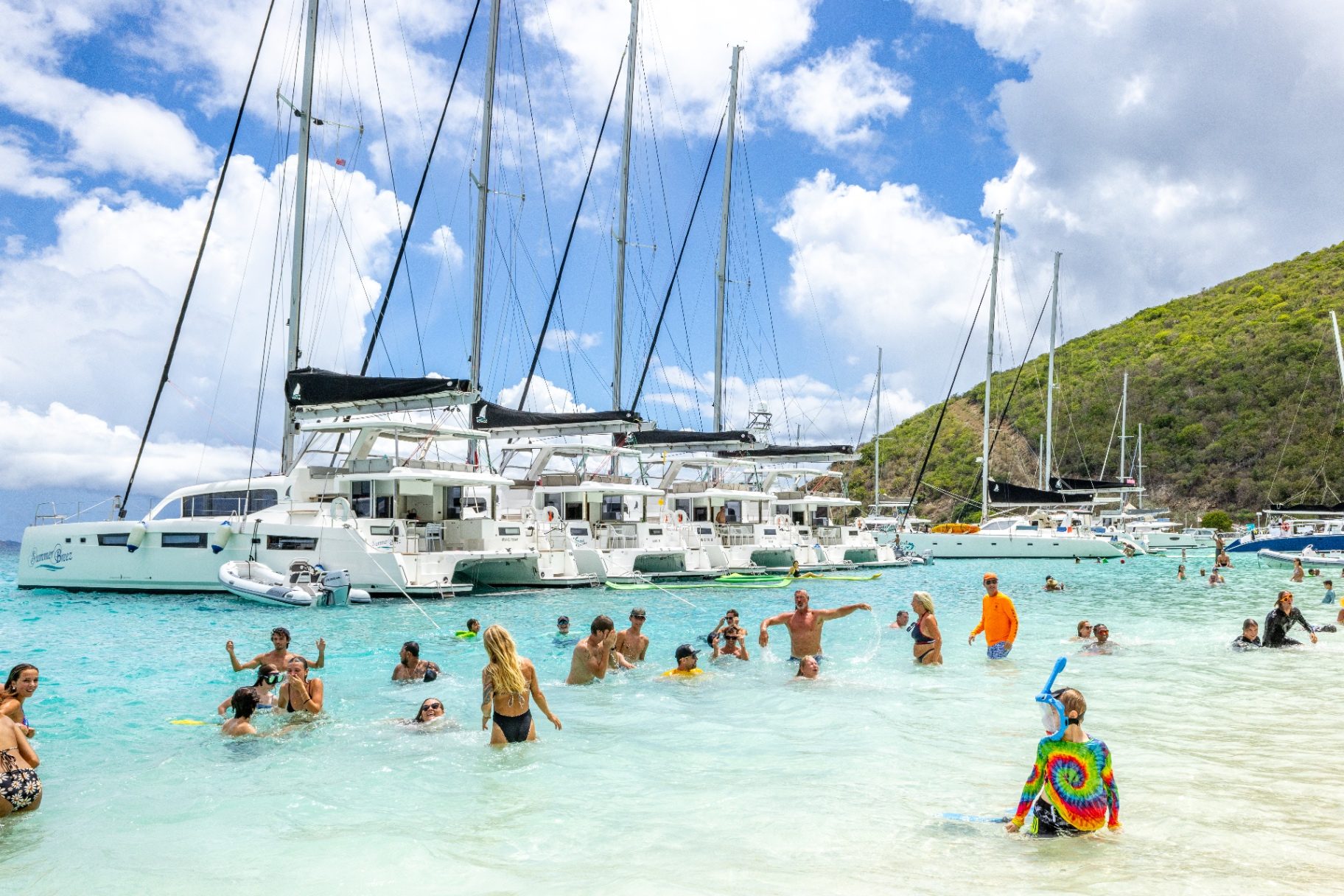 Voyage 590 flotilla enjoying a beach anchorage