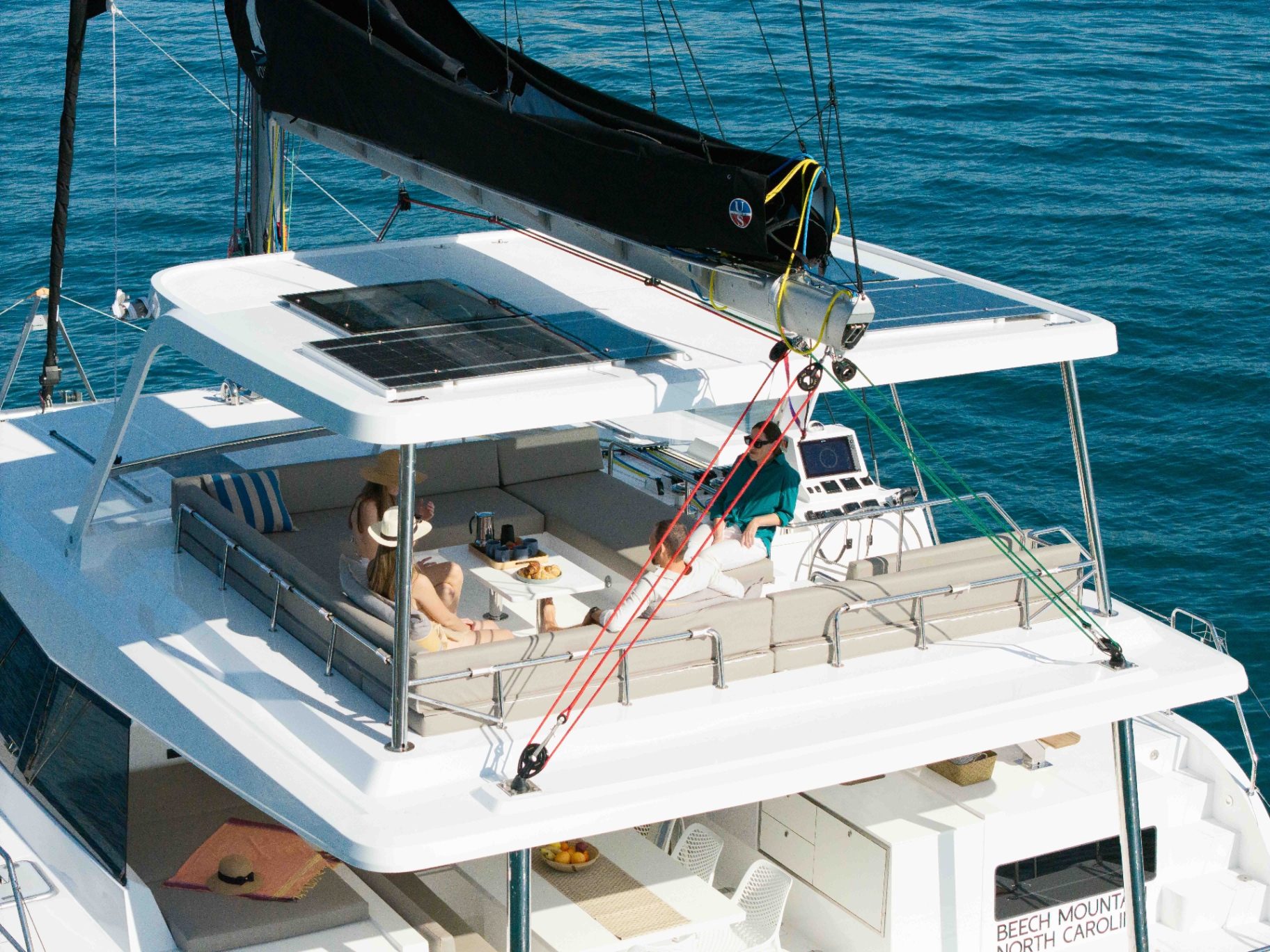 Guests relaxing on the Voyage 510 flybridge