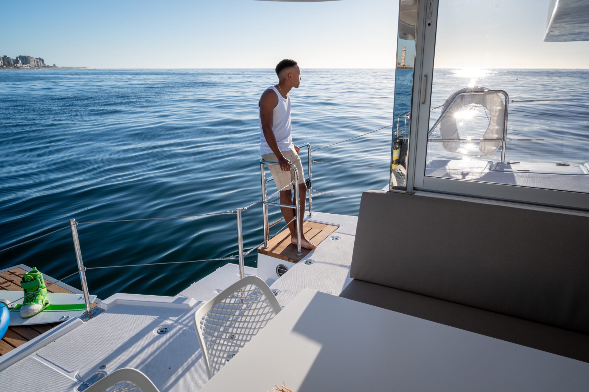 View aft from the Voyage 590 cockpit towards the swim platform