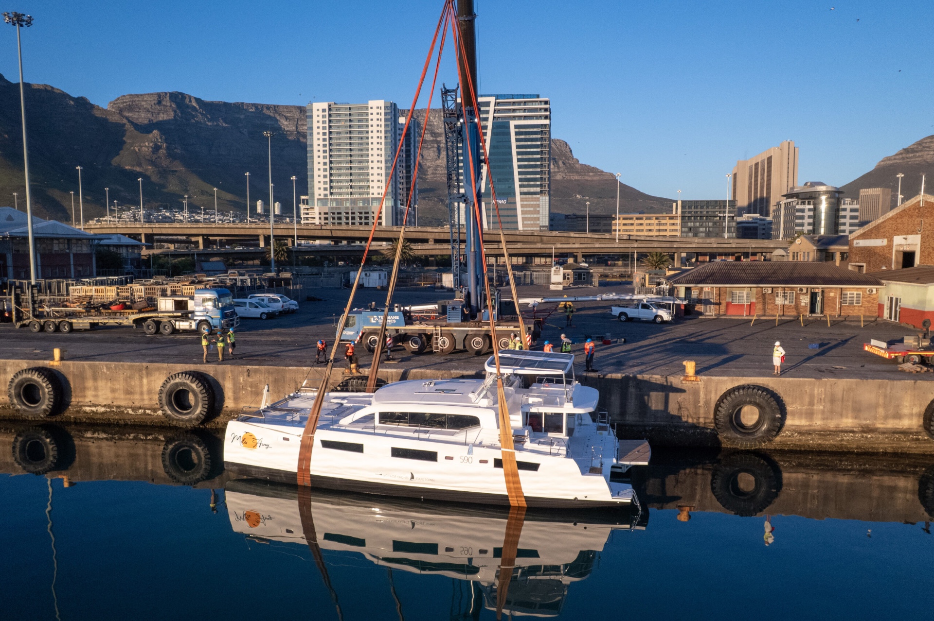 Voyage 590 being craned into the water