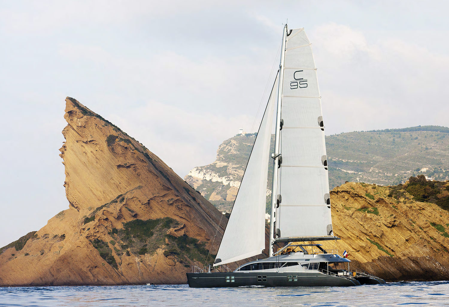 Luxury catamaran at sunset